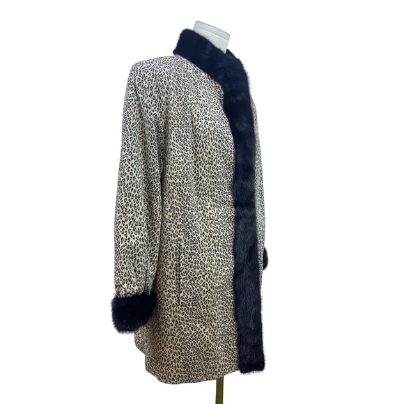 Silverman Furs Womens Black Mink Trim Leopard Print Coat Elegant Outerwear - Picture 2 of 9